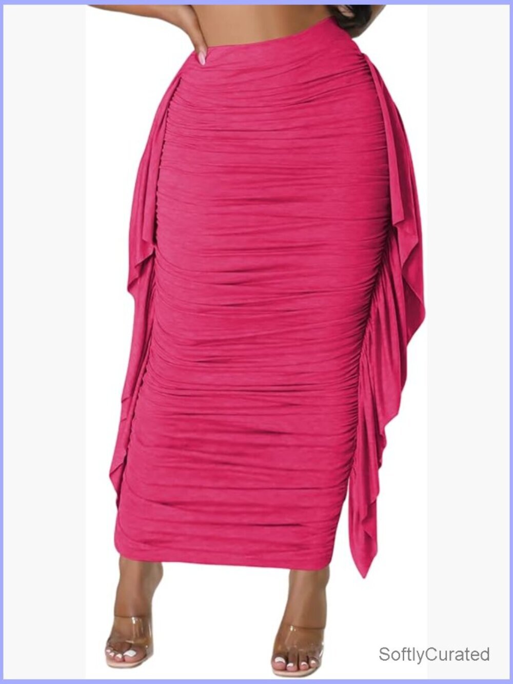 Elastic Waist Ruched Side Tassels Fringe Bodycon Maxi Pencil Skirt